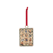 Reverse of the Twelve Days of Christmas ceramic book ornament with illustrations of the twelve festive gifts