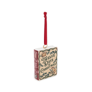 Angled view of the Twelve Days of Christmas ceramic book decoration showing its red spine and illustrated cover