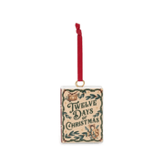Twelve Days of Christmas ceramic book tree decoration with green lettering, festive foliage and red ribbon
