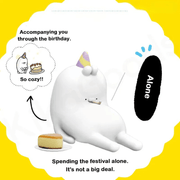 Ugly Rabbit’s Inner Drama Series blind box figure in Alone pose wearing a party hat beside a small cake