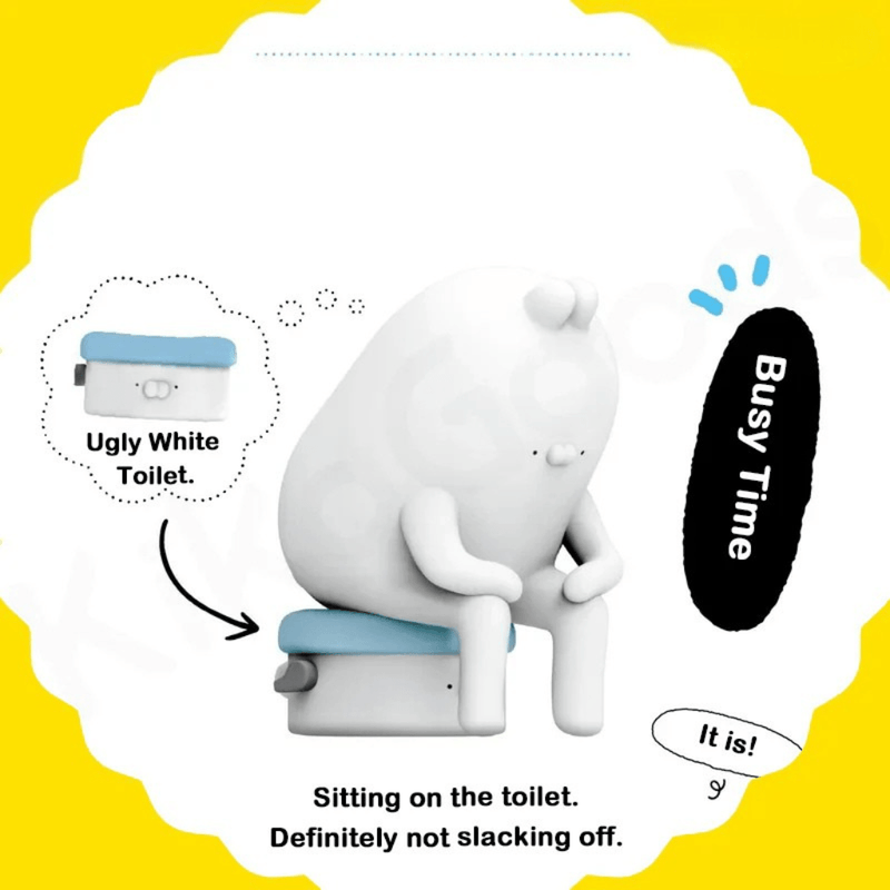 Ugly Rabbit’s Inner Drama Series blind box figure in Busy Time pose sitting on a miniature toilet