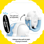 Ugly Rabbit’s Inner Drama Series blind box figure in Tears Streaming Down pose hiding under a blue quilt and crying