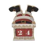 13cm wooden advent calendar showing Santa upside down in a chimney with red number blocks reading 24.