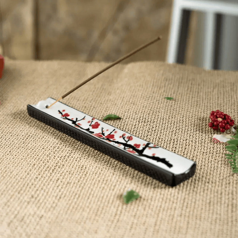 Urban Tokyo cherry blossoms handpainted ceramic incense holder with incense stick