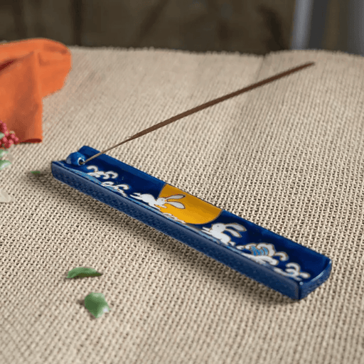 Urban Tokyo moon rabbit handpainted ceramic incense holder with incense stick