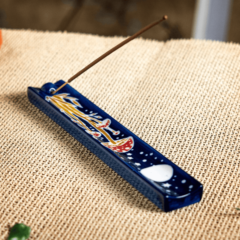 Urban Tokyo toadstool ceramic incense holder styled on woven surface