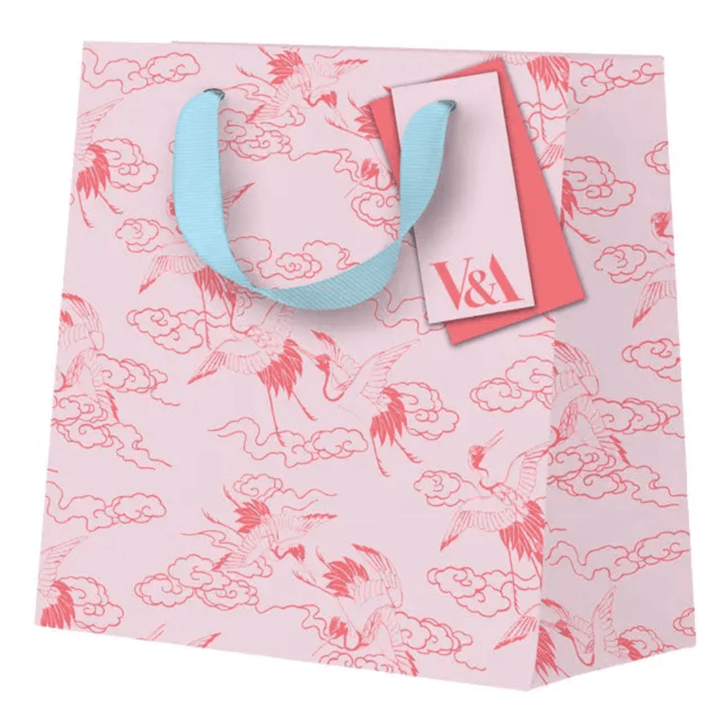 V&A Eastern Elegance mini gift bag with pink crane design and blue ribbon handles