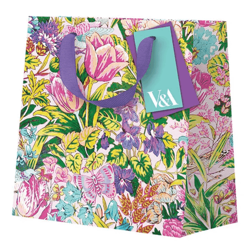 V&A Neon Floral Mawson Tulip mini gift bag with colourful flowers and purple handles