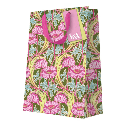 V&A Neon Floral Pink Poppies large gift bag with colourful floral design and pink ribbon handles