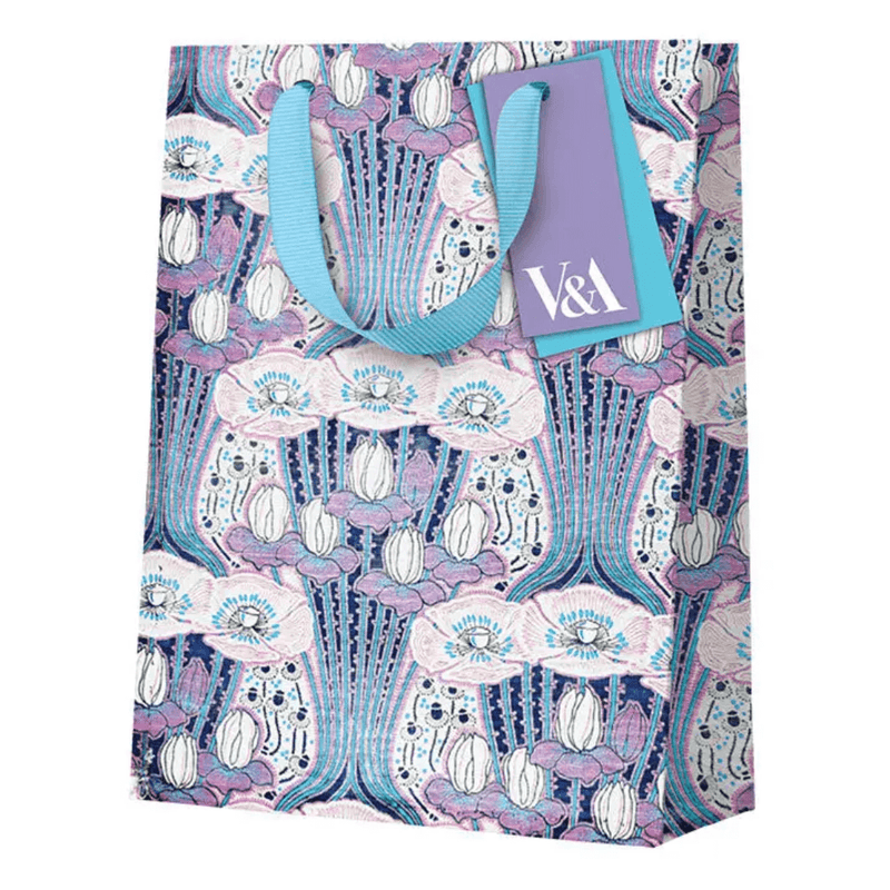 V&A Neon Floral Pink Poppies small gift bag with Art Deco floral design and blue ribbon handles