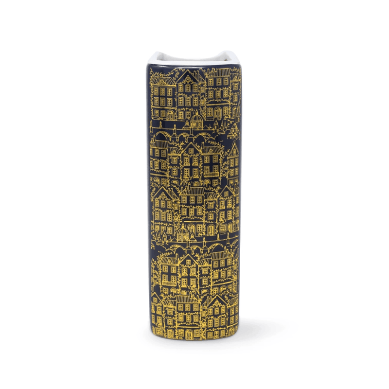Side view of Velaris City of Starlight book vase with intricate gold cityscape design