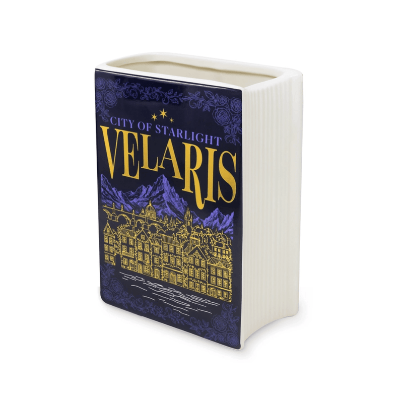 Velaris large ceramic book vase showing City of Starlight cover and sculpted page detail