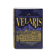 Velaris Night Court large ceramic book vase with navy and gold City of Starlight design