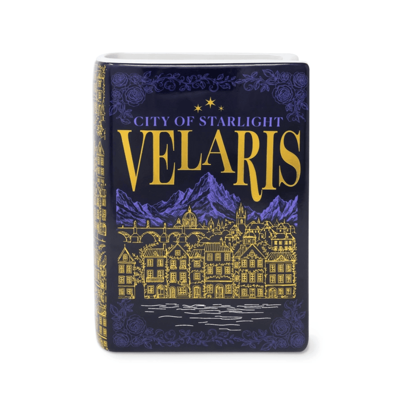 Velaris Night Court large ceramic book vase with navy and gold City of Starlight design