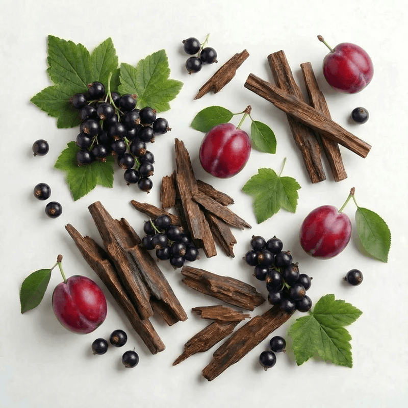 Plums, dark cassis berries and woody notes representing the Velvet Plum & Oud diffuser fragrance