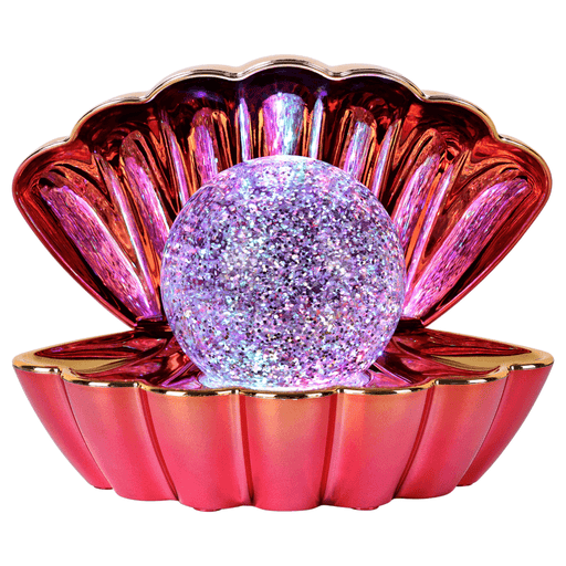 Metallic pink colour changing LED clam lamp with glowing glitter pearl ball inside an open seashell.