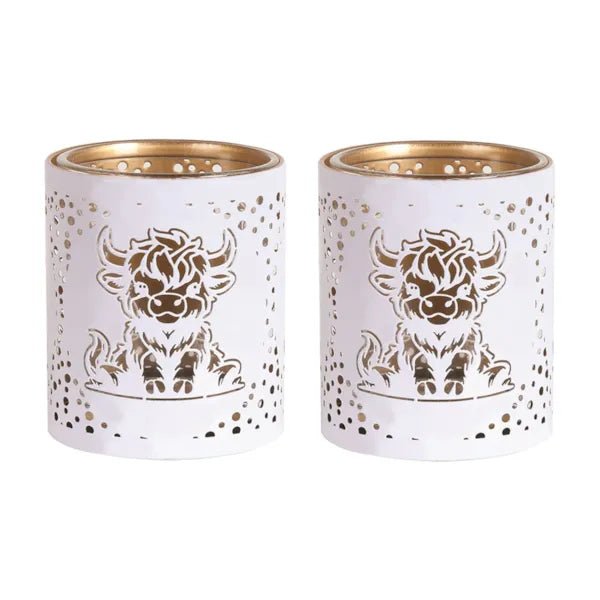 Votive Candle Holder – White and Gold Highland Cow - Something Different Gift Shop