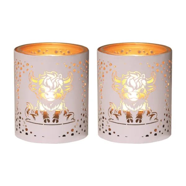 Votive Candle Holder – White and Gold Highland Cow - Something Different Gift Shop