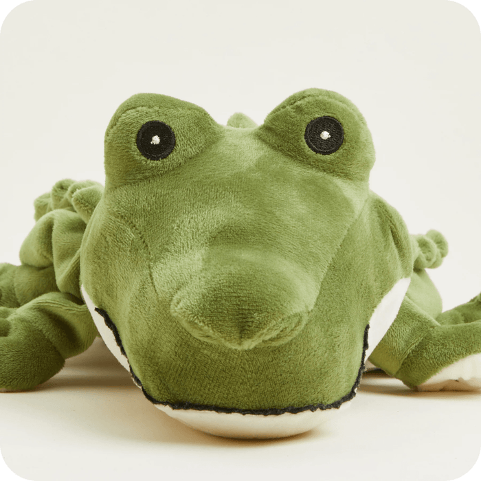Close-up of Warmies Alligator heatable plush toy face