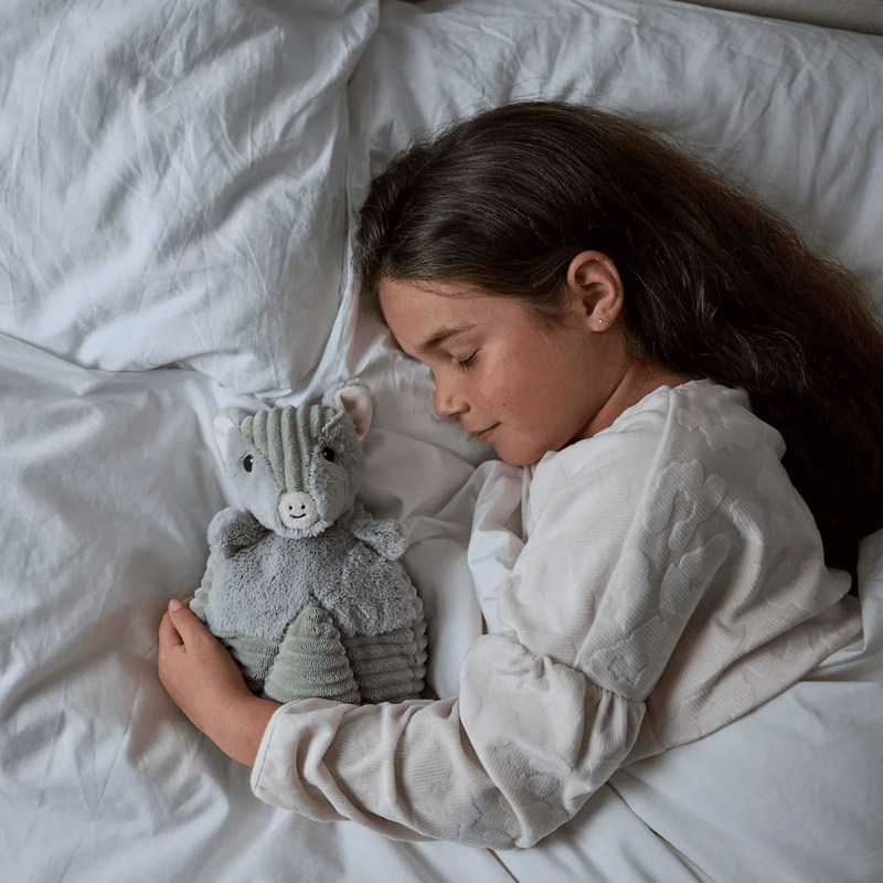 Child cuddling Warmies Armadillo heatable plush toy in bed