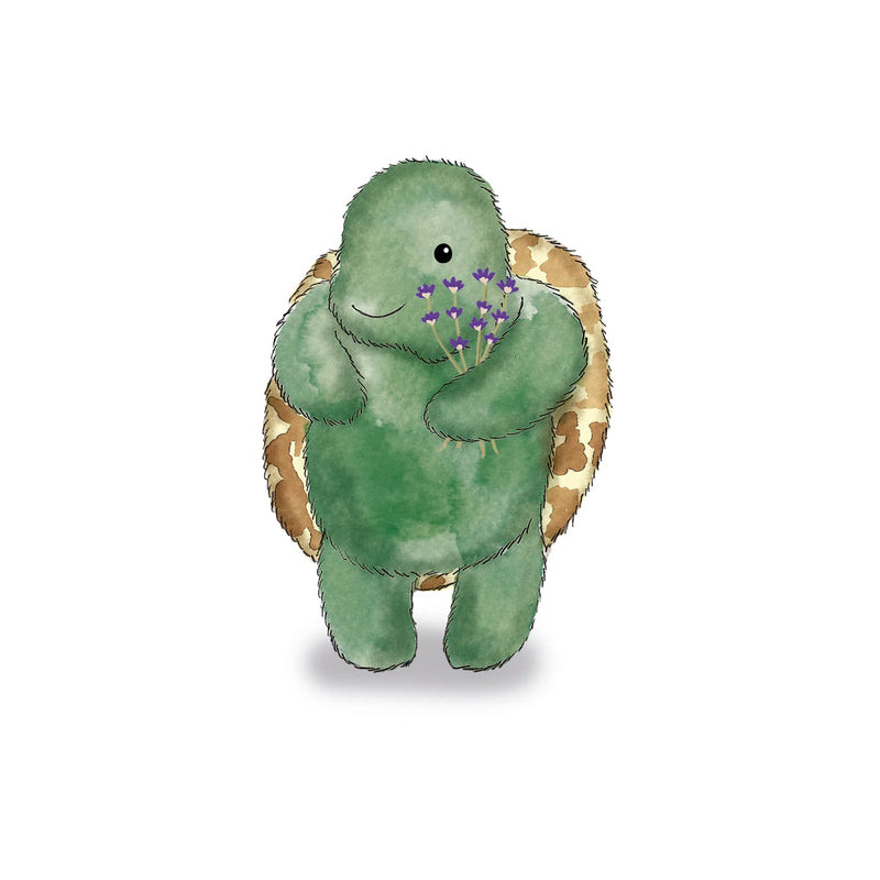 Illustrated baby turtle holding lavender, representing Warmies scent

