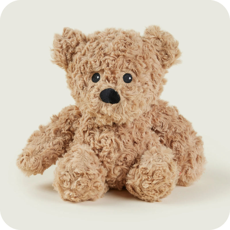 Front-facing view of Warmies brown bear plush toy

