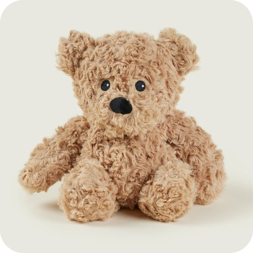 Front-facing view of Warmies brown bear plush toy

