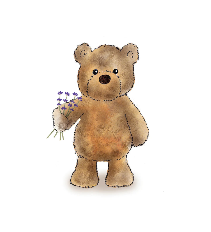 Illustrated Warmies brown bear holding lavender sprigs

