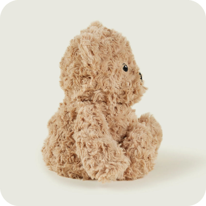 Left profile view of Warmies brown teddy bear plush

