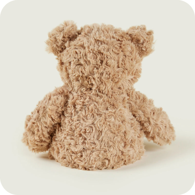 Back view of Warmies curly brown bear plush toy

