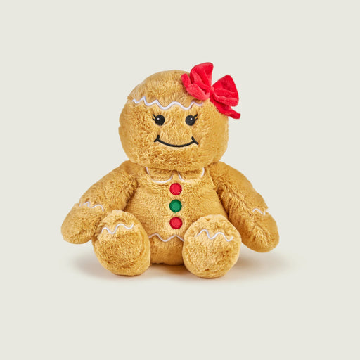 Front view of Warmies Gingerbread Girl plush with red bow and buttons.