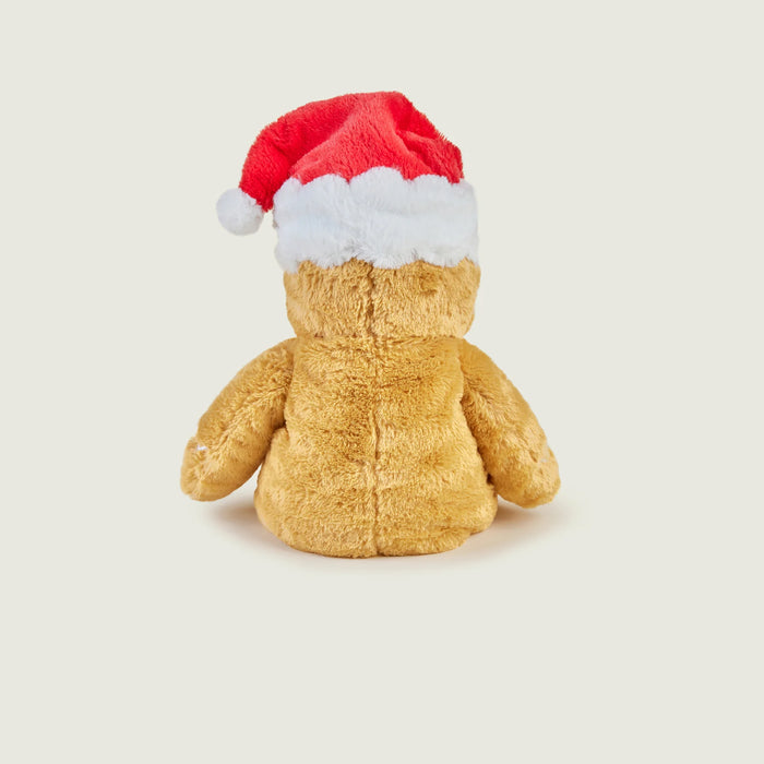 Back view of Warmies Gingerbread Man plush showing soft fur and Santa hat.