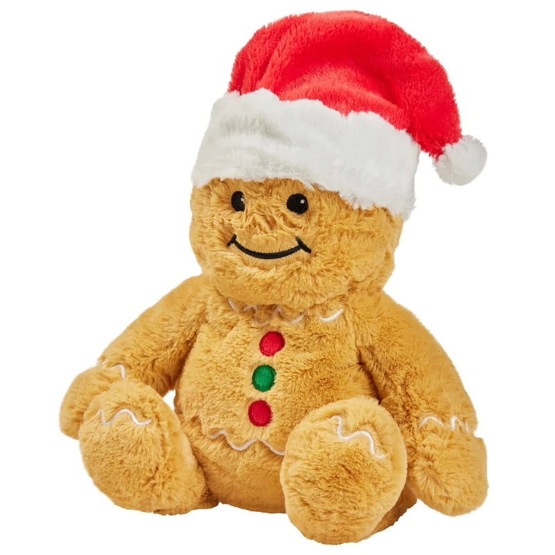 Close-up of Warmies Gingerbread Man with embroidered buttons and smile.