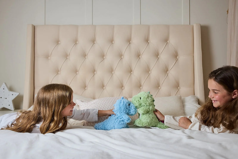 Two children playing with Warmies green and blue dinosaur microwaveable plush toys