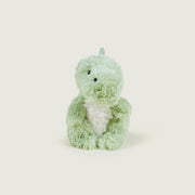 Cute seated pose of Warmies Green Baby Dinosaur microwaveable plush