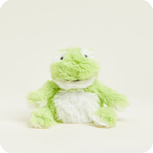 Front view of Warmies Junior Frog soft microwaveable plush