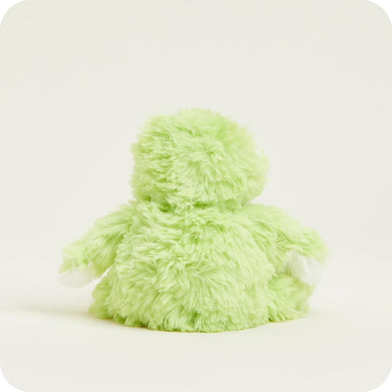 Back view of Warmies Junior Frog plush toy showing fluffy texture