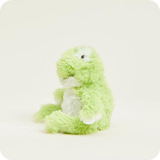 Side profile of Warmies Junior Frog heatable cuddly toy