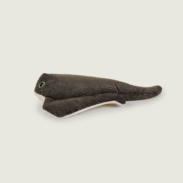 Angled side view of Warmies Manta Ray heatable soft toy