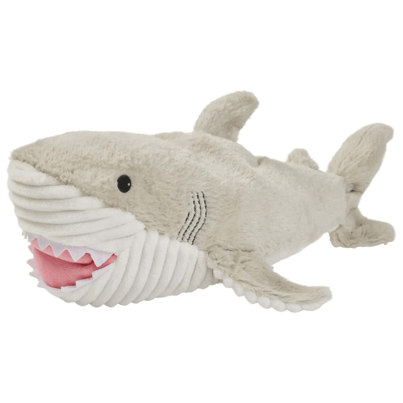 Close-up front view of Warmies Shark plush toy