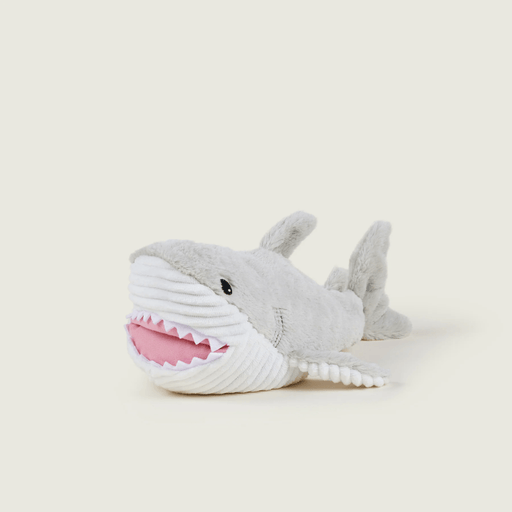 Front angled view of Warmies Shark heatable soft toy