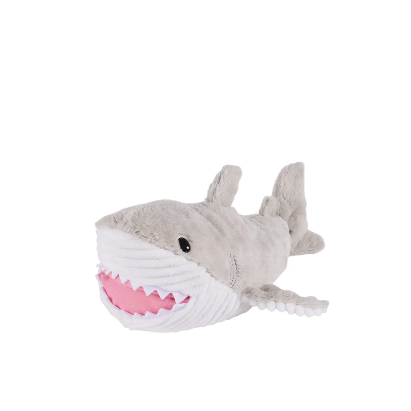 Front angled view of Warmies Shark heatable soft toy