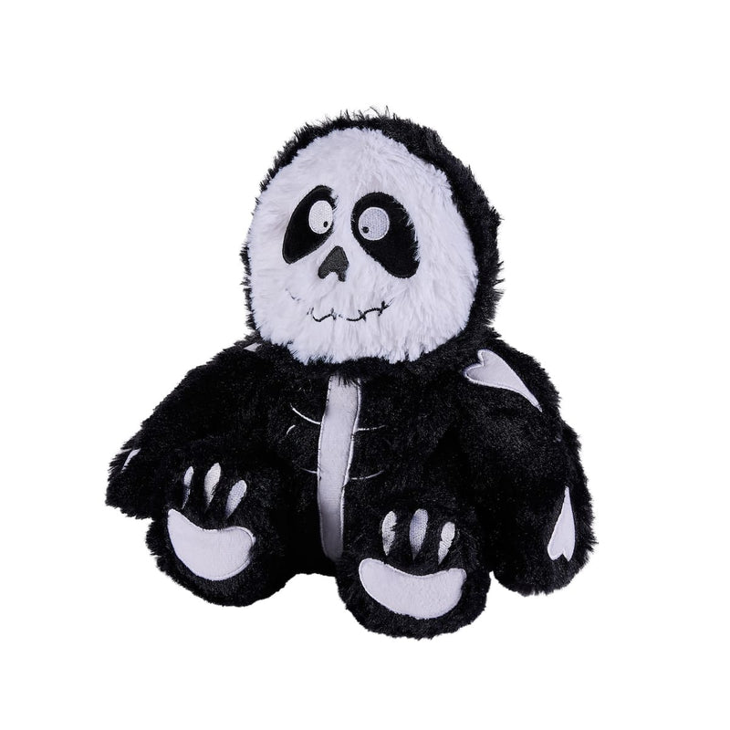 Close-up of Warmies Skeleton face with stitched smile and eye patches