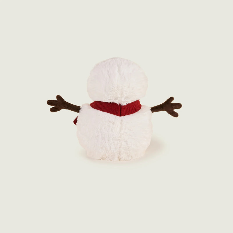 Back view of Warmies Snowman plush showing scarf wrapped around the neck.