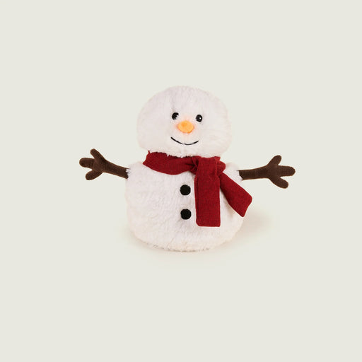 Warmies Snowman heatable plush with red scarf and twig arms, front view.