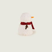Side profile of Warmies Snowman heatable plush with carrot nose and scarf.