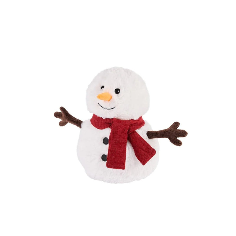 Rear angled view of Warmies Snowman showing scarf and twig arm detail.