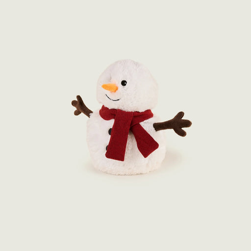 Three-quarter view of Warmies Snowman plush with scarf and buttons.