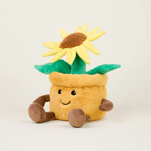Warmies Yellow Flower Pot plush toy with smiling sunflower and green leaves


