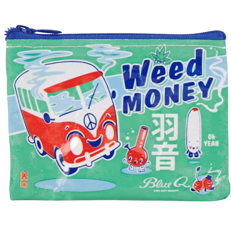 Funny Blue Q coin purse with retro van and “Weed Money” text

